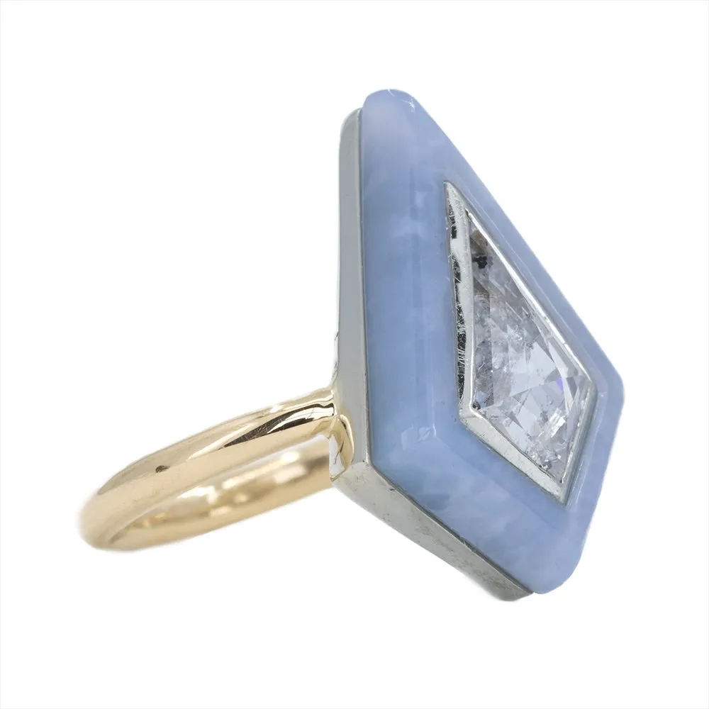 2.39 Kite Rosecut Diamond and Blue Agate Gemstone Halo Ring in Two Tone Gold