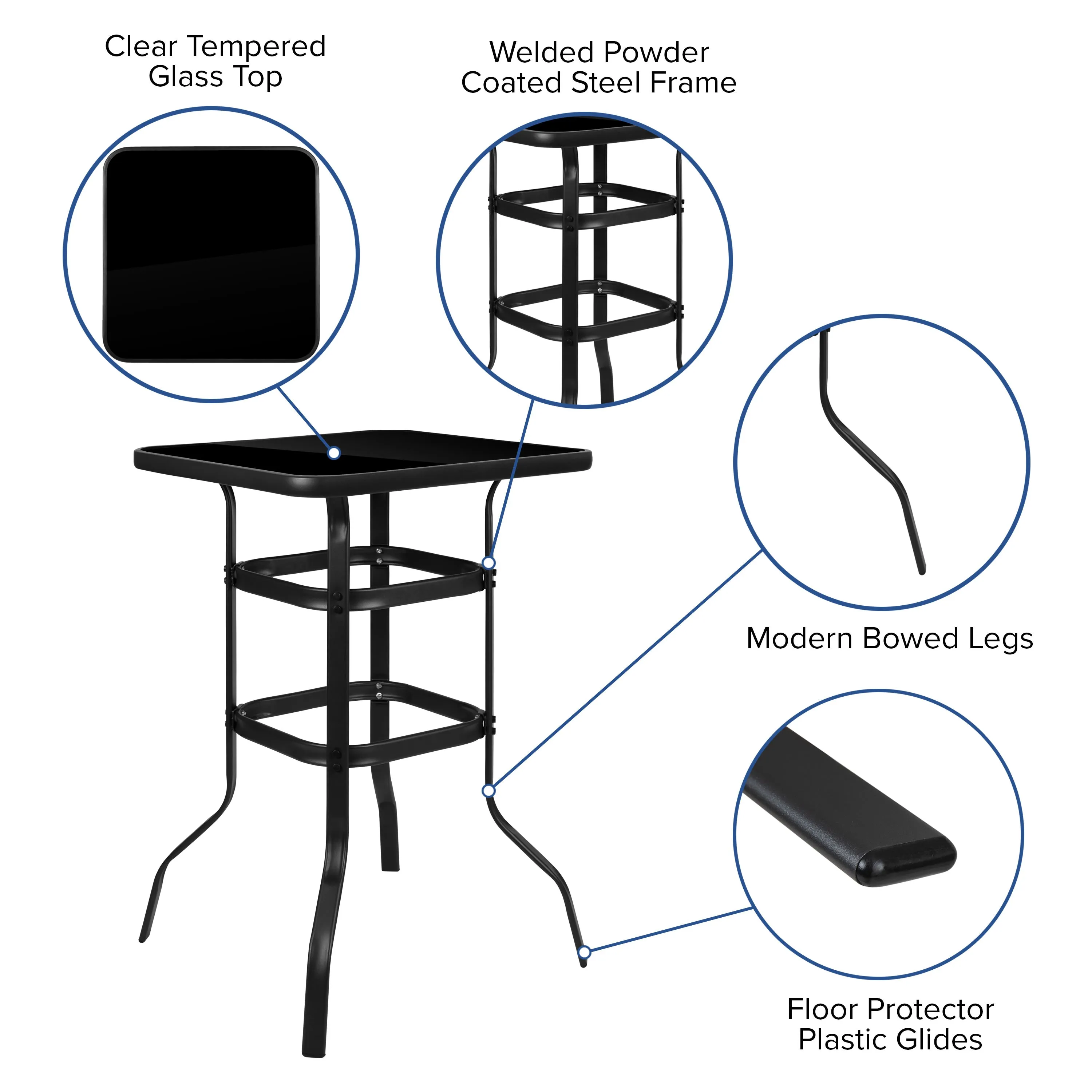 Brazos Outdoor Dining Set - 4-Person Bistro Set - Outdoor Glass Bar Table with All-Weather Patio Stools