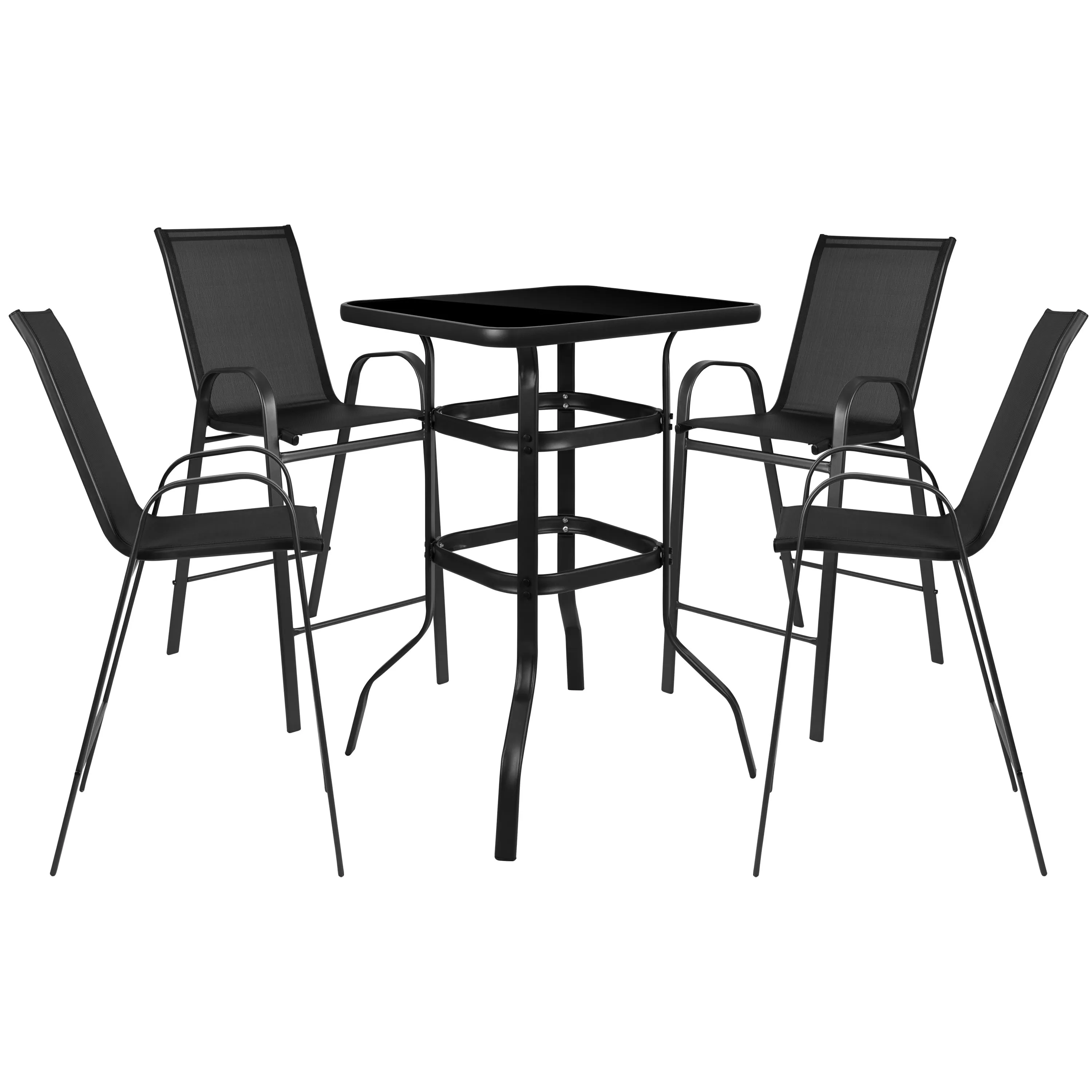 Brazos Outdoor Dining Set - 4-Person Bistro Set - Outdoor Glass Bar Table with All-Weather Patio Stools