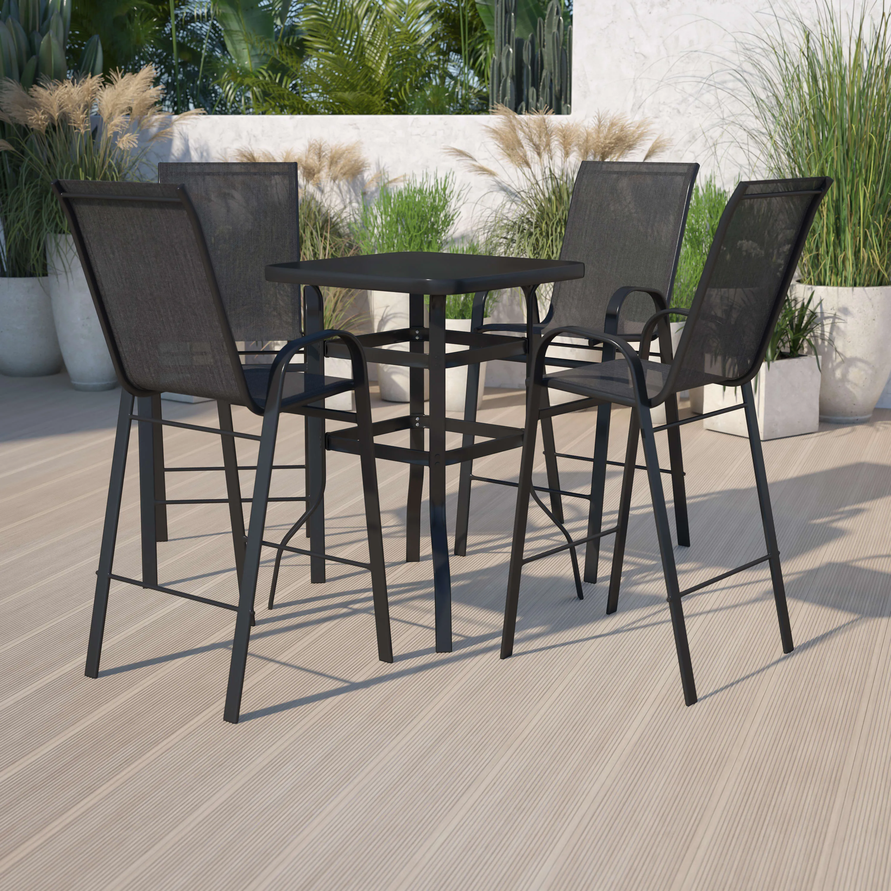 Brazos Outdoor Dining Set - 4-Person Bistro Set - Outdoor Glass Bar Table with All-Weather Patio Stools