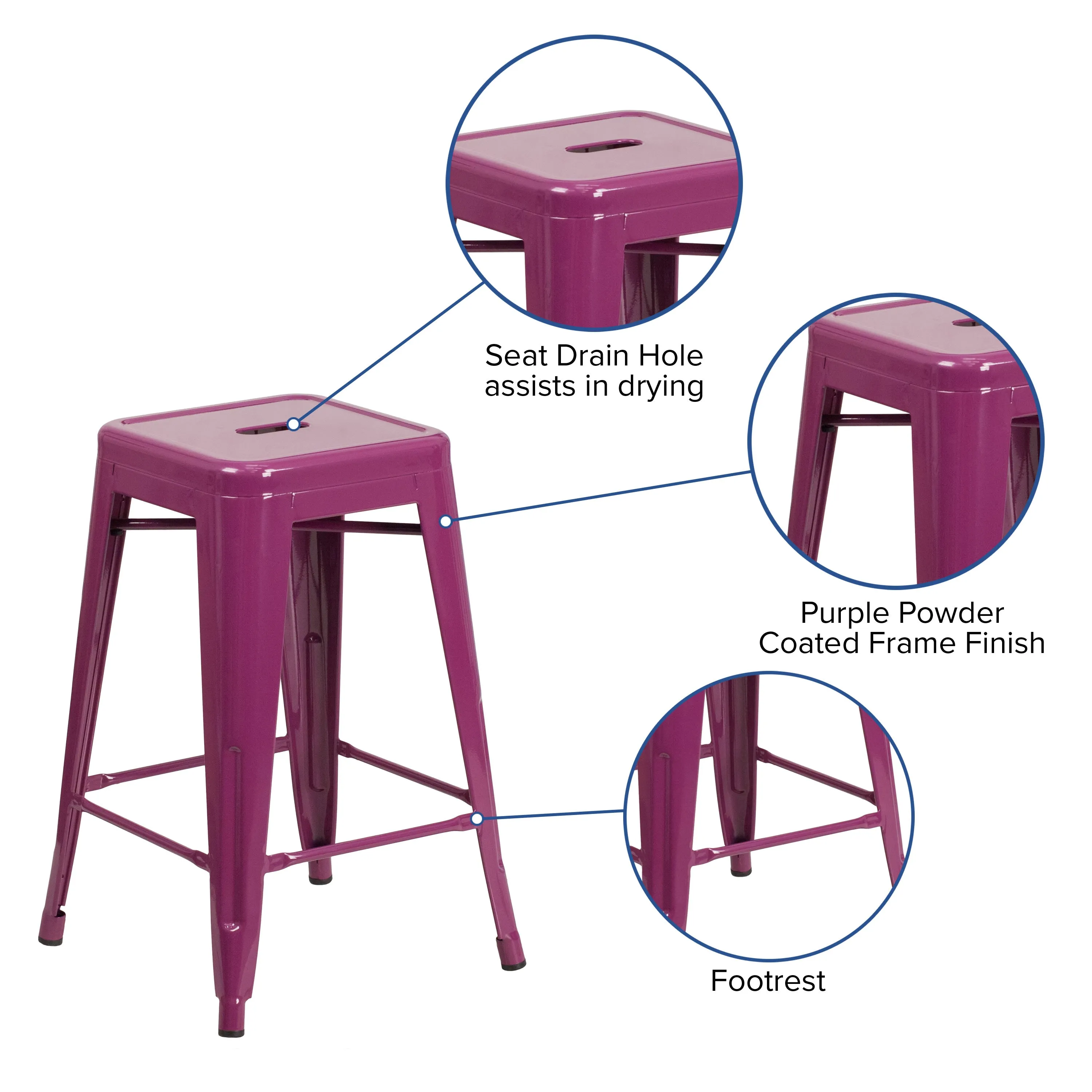 Commercial Grade 24" High Backless Metal Indoor-Outdoor Counter Height Stool with Square Seat