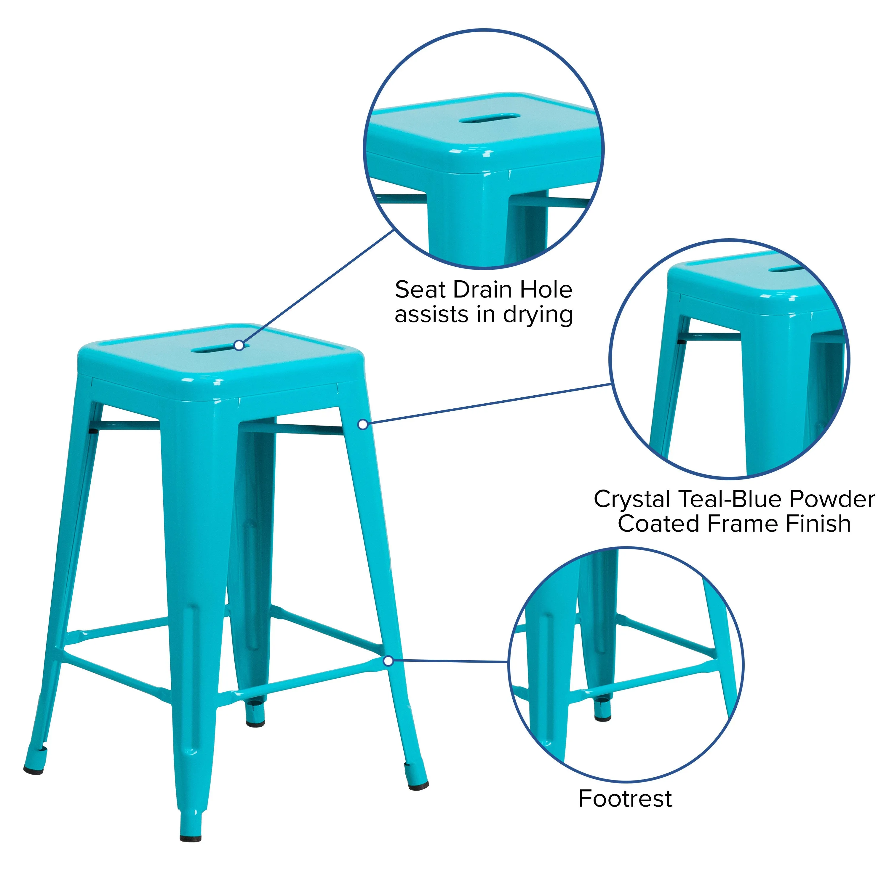 Commercial Grade 24" High Backless Metal Indoor-Outdoor Counter Height Stool with Square Seat