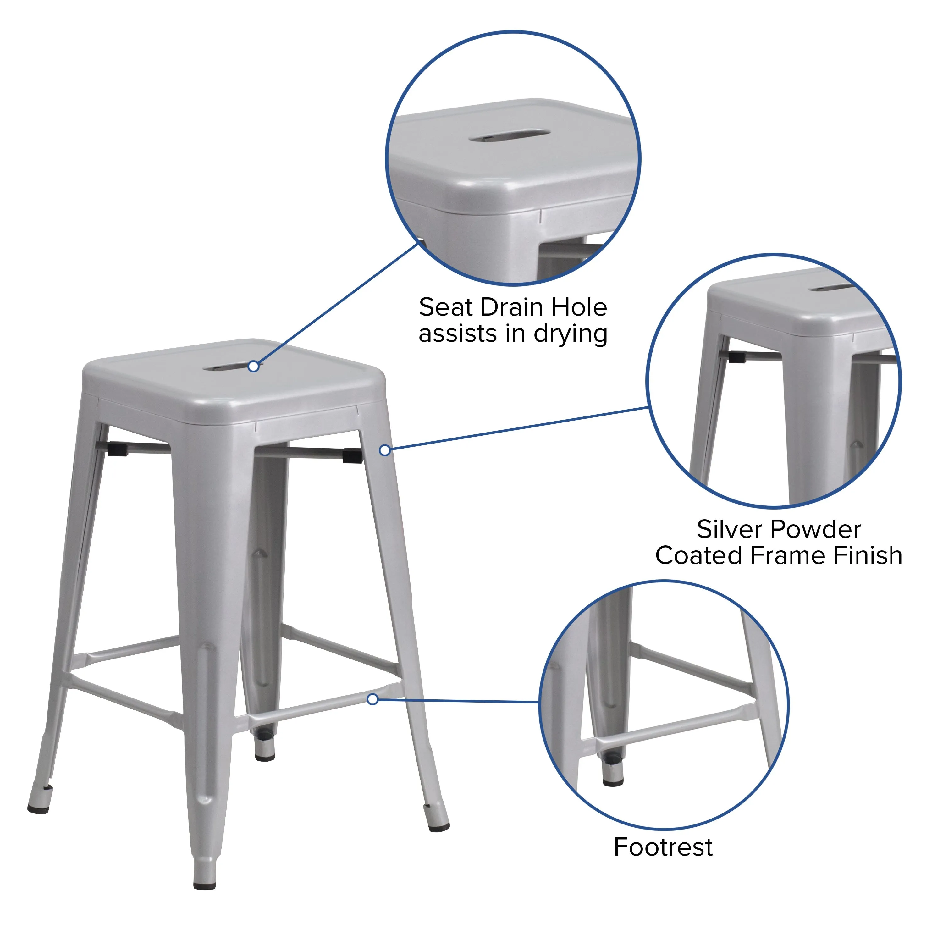 Commercial Grade 24" High Backless Metal Indoor-Outdoor Counter Height Stool with Square Seat