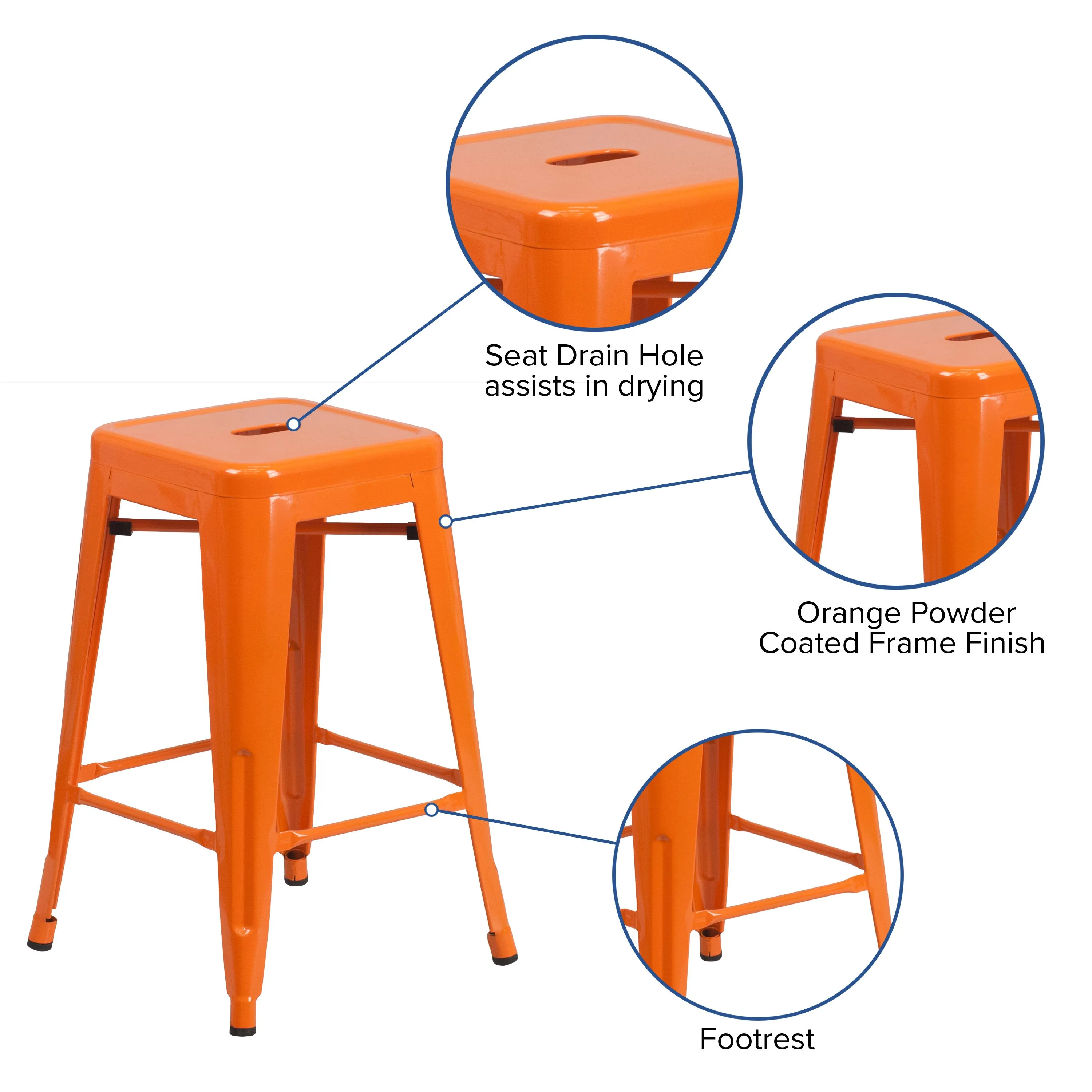 Commercial Grade 24" High Backless Metal Indoor-Outdoor Counter Height Stool with Square Seat