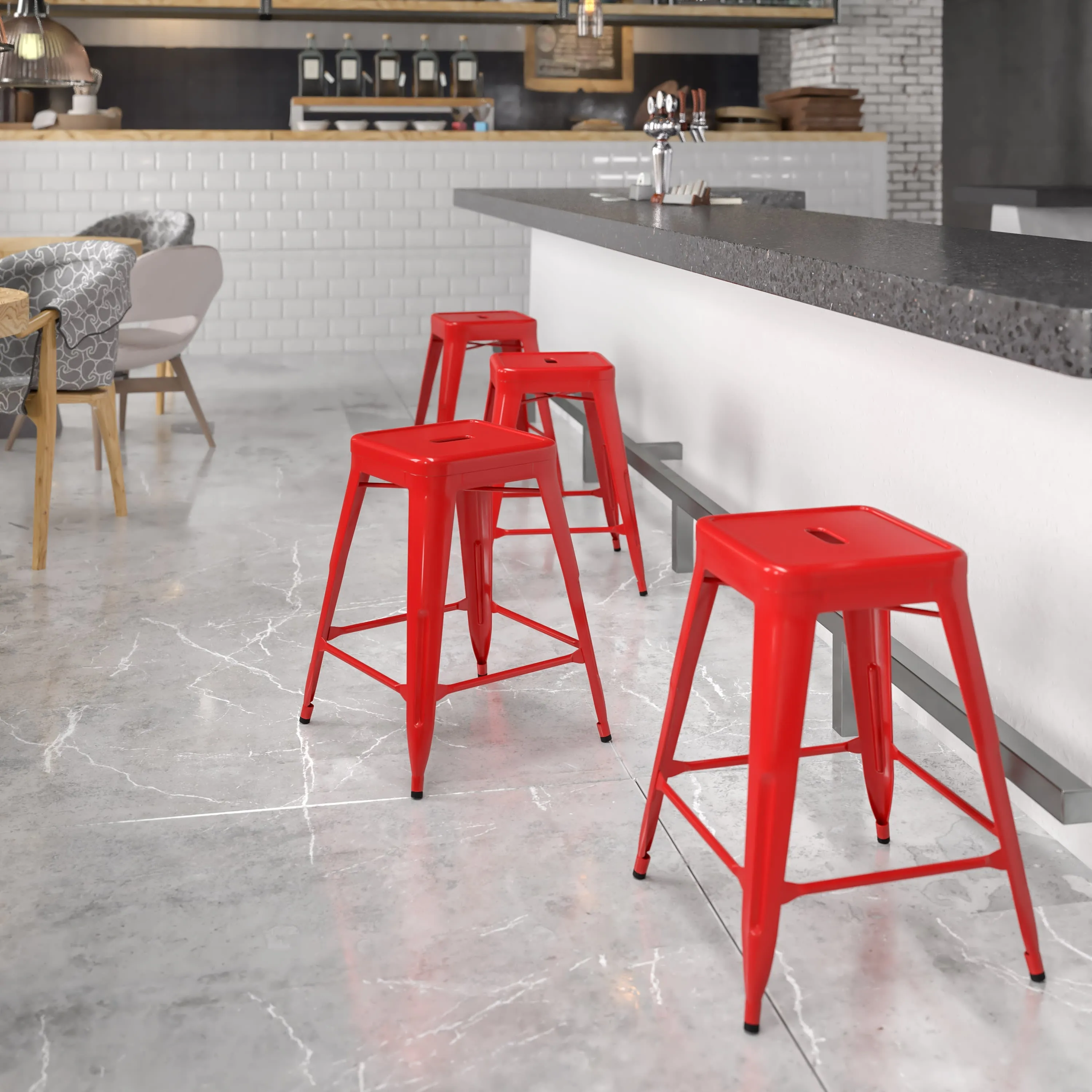 Commercial Grade 24" High Backless Metal Indoor-Outdoor Counter Height Stool with Square Seat