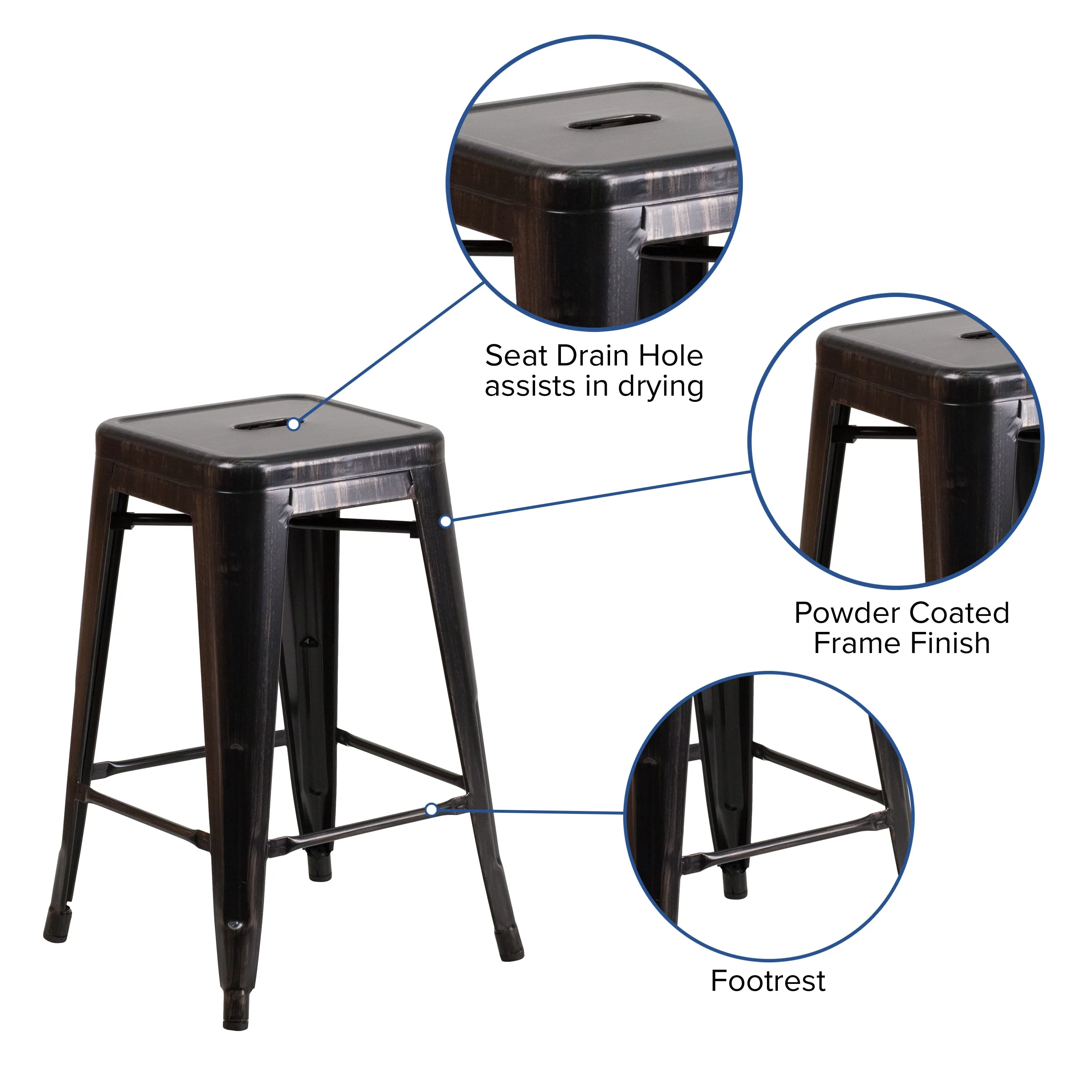 Commercial Grade 24" High Backless Metal Indoor-Outdoor Counter Height Stool with Square Seat