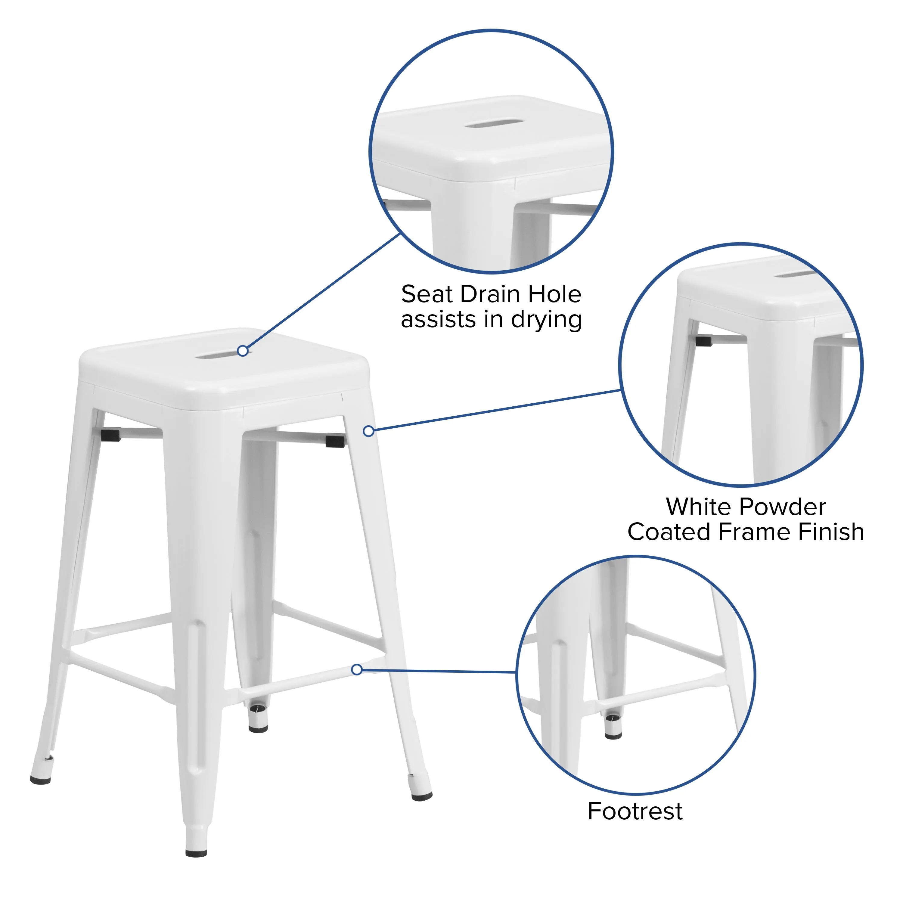 Commercial Grade 24" High Backless Metal Indoor-Outdoor Counter Height Stool with Square Seat