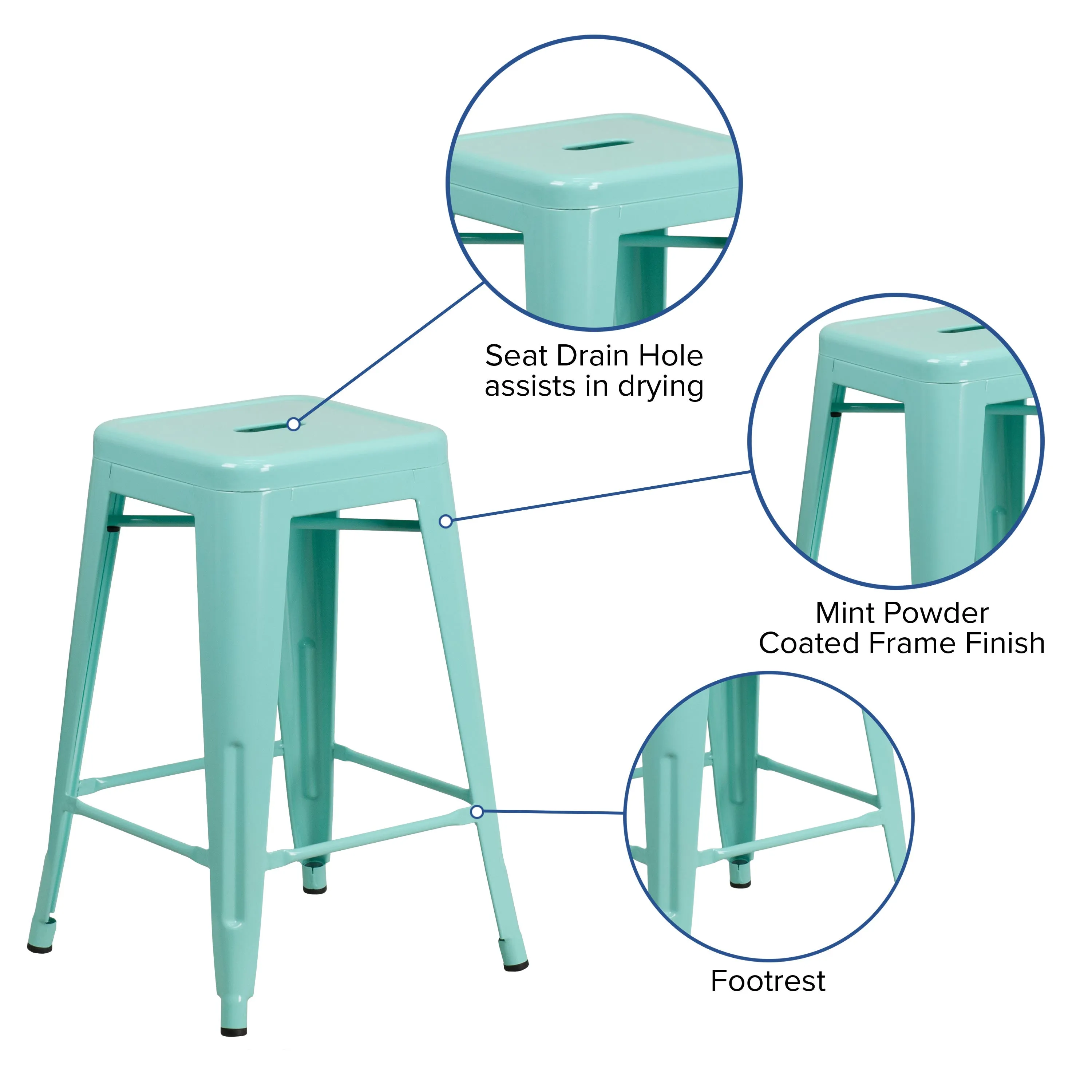 Commercial Grade 24" High Backless Metal Indoor-Outdoor Counter Height Stool with Square Seat