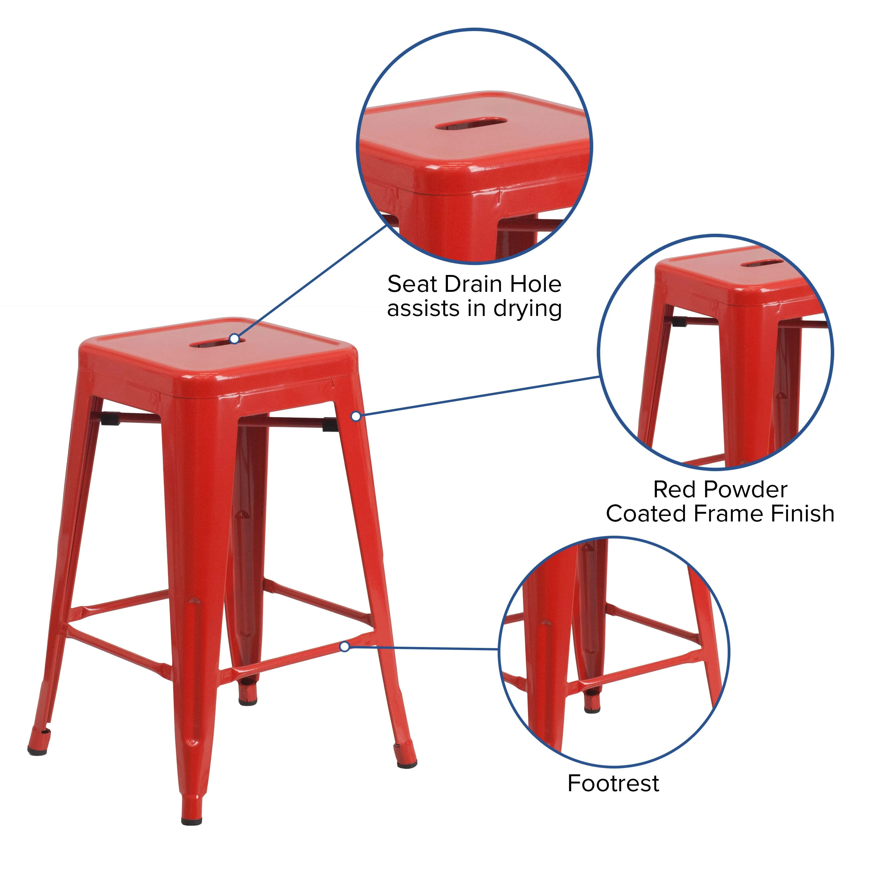 Commercial Grade 24" High Backless Metal Indoor-Outdoor Counter Height Stool with Square Seat