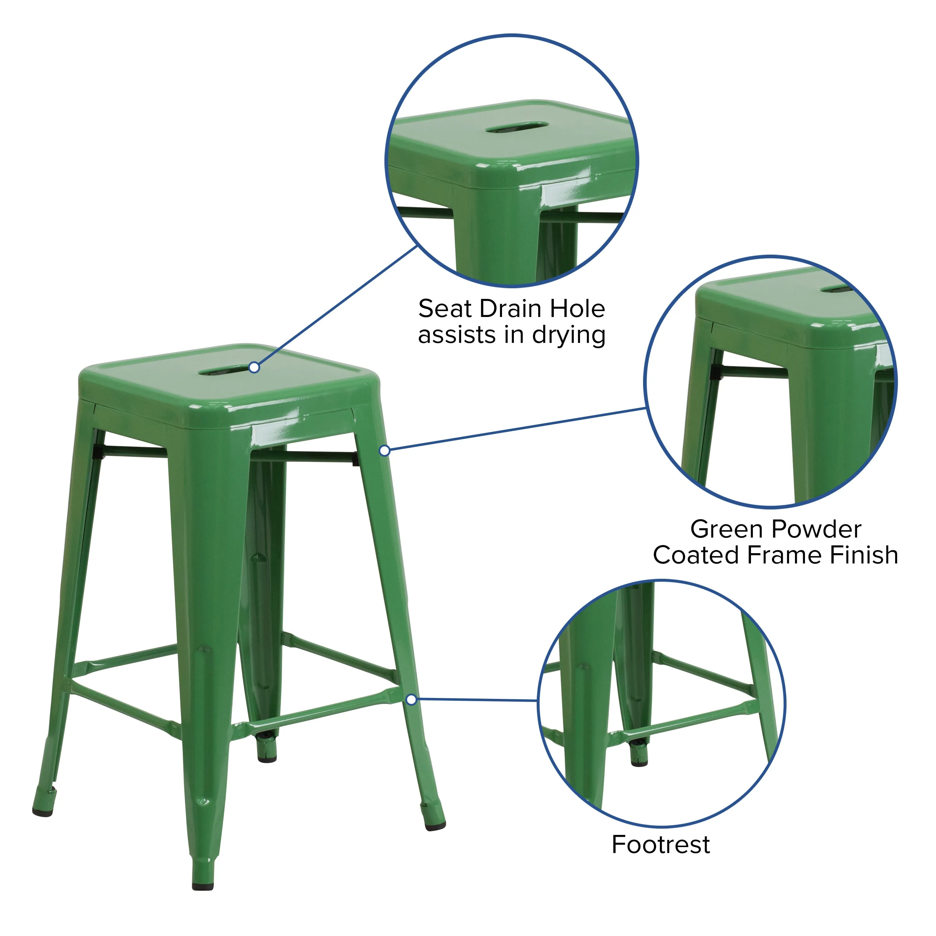 Commercial Grade 24" High Backless Metal Indoor-Outdoor Counter Height Stool with Square Seat