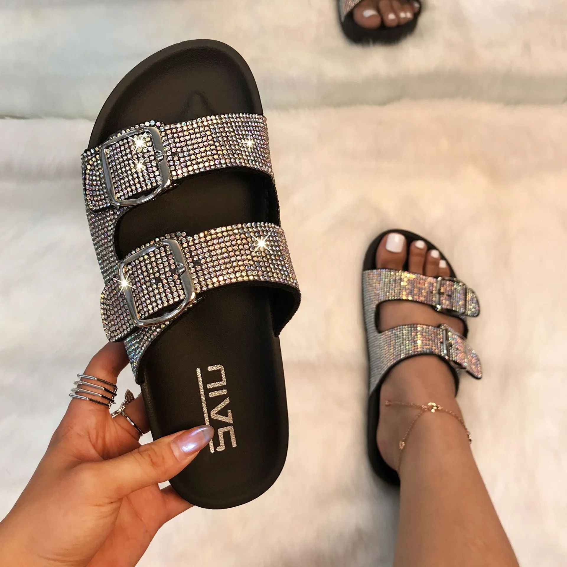 Double-Buckle Rhinestone Flat Slippers for Women