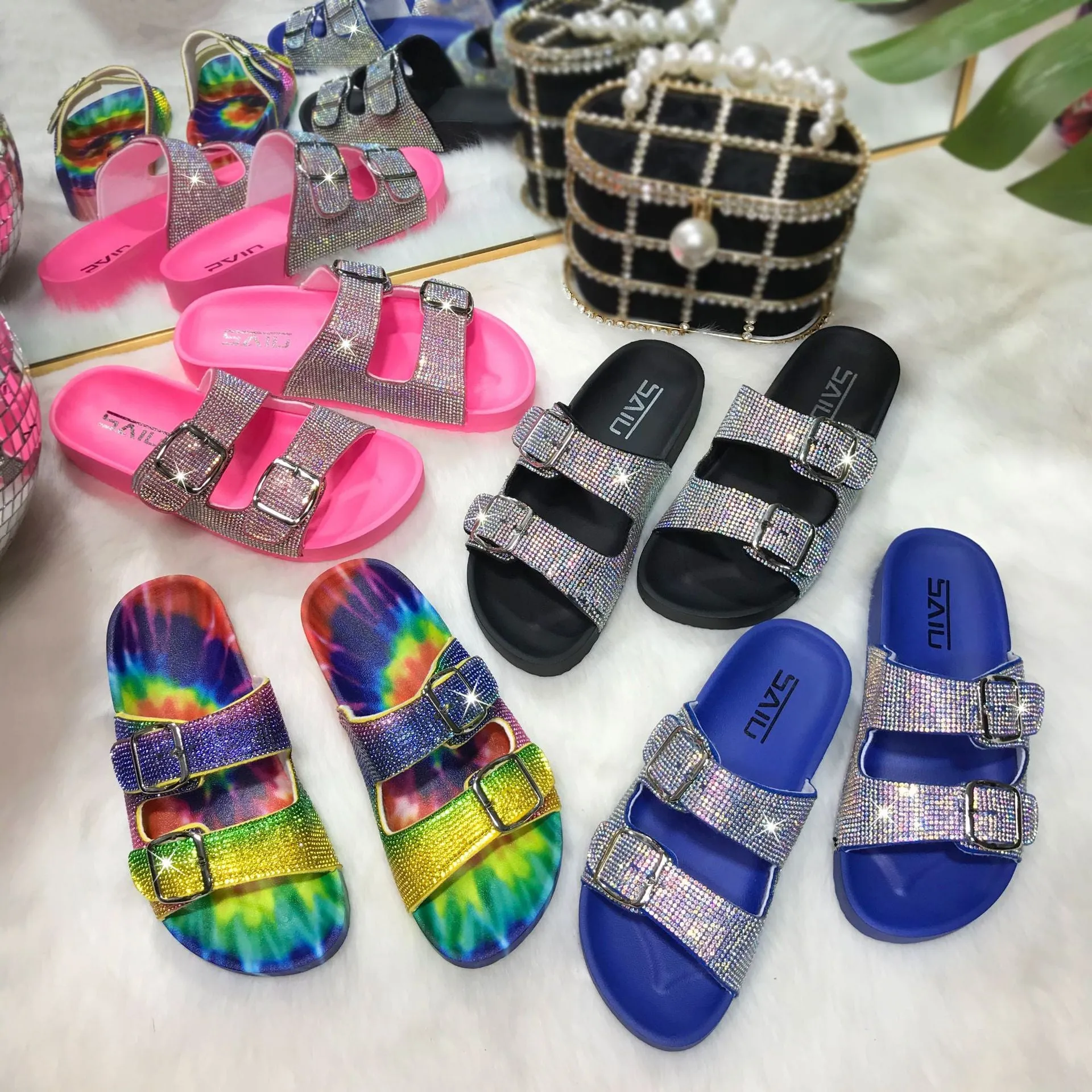 Double-Buckle Rhinestone Flat Slippers for Women