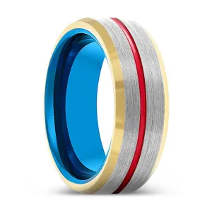 HAWKEYE | Blue Tungsten Ring, Silver Tungsten Ring, Red Groove, Gold Beveled Edge