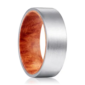 KAPILA | Red Burl Wood, Silver Tungsten Ring, Brushed, Flat