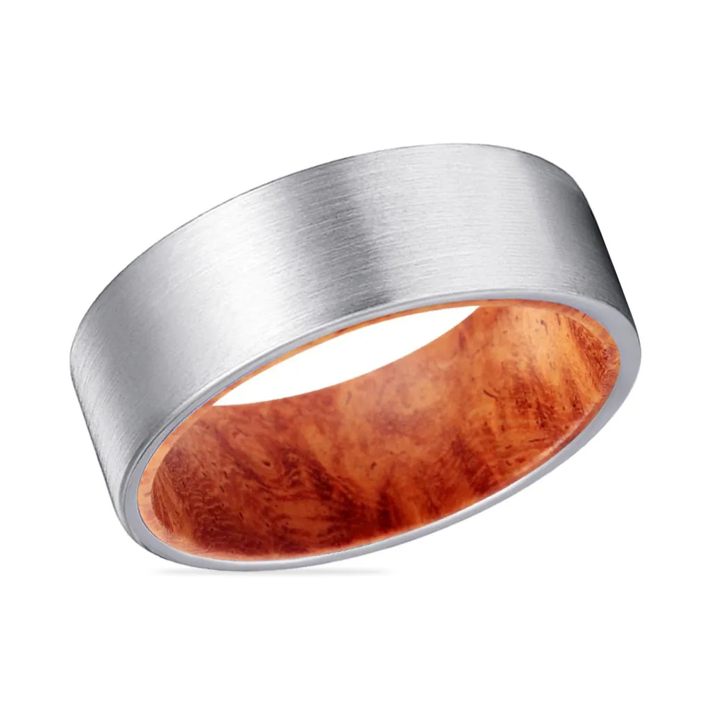 KAPILA | Red Burl Wood, Silver Tungsten Ring, Brushed, Flat