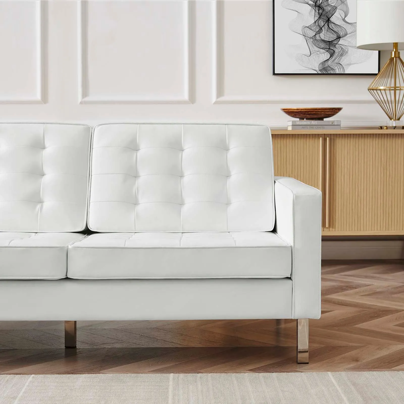 Loft Tufted Vegan Leather Sofa Silver White EEI-3385-SLV-WHI