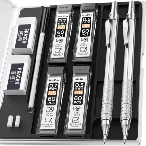 Nicpro Mechanical Pencils Set, Metal Automatic Drafting Pencil 0.5 mm and 0.7 mm Mechanical Pencil Graph With 4 Tubes HB Pencil Leads And 2 Erasers For Writing Draft, Drawing, Sketch -Come With Case