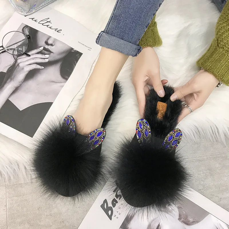 Rabbit Ear Furry Slippers for Women