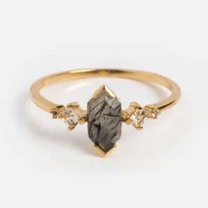 Solid Gold Black Rutilated Quartz Hexagon Ring for Strength